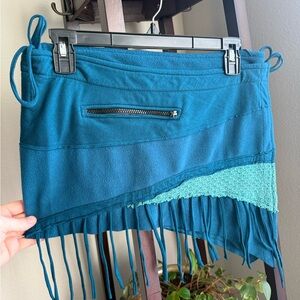 Teal Fringe Mini Skirt with Zipper Detail